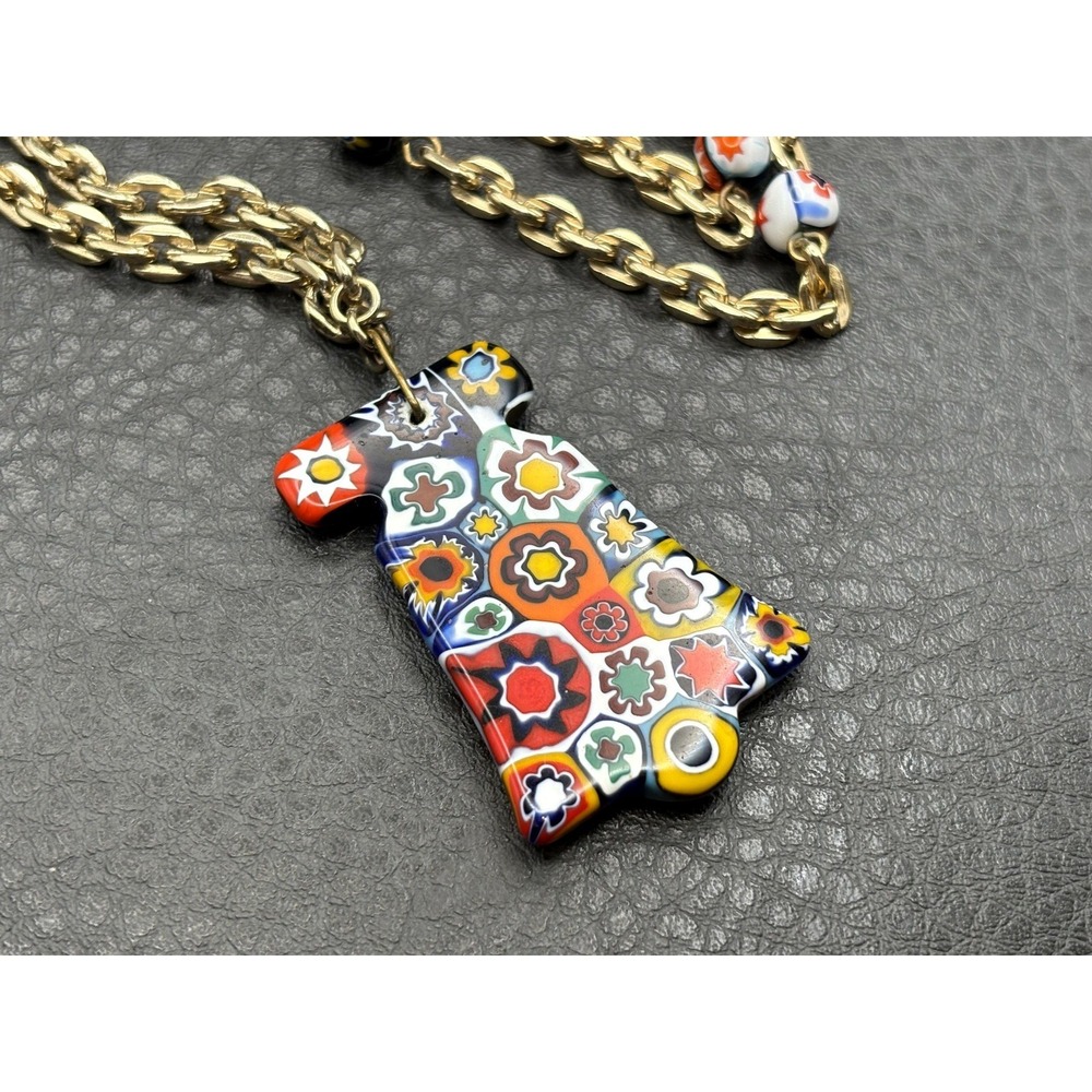 Vintage Millefiori Murano Large Pendant Necklace Gold Tone Chain 28" Long - Picture 10 of 12